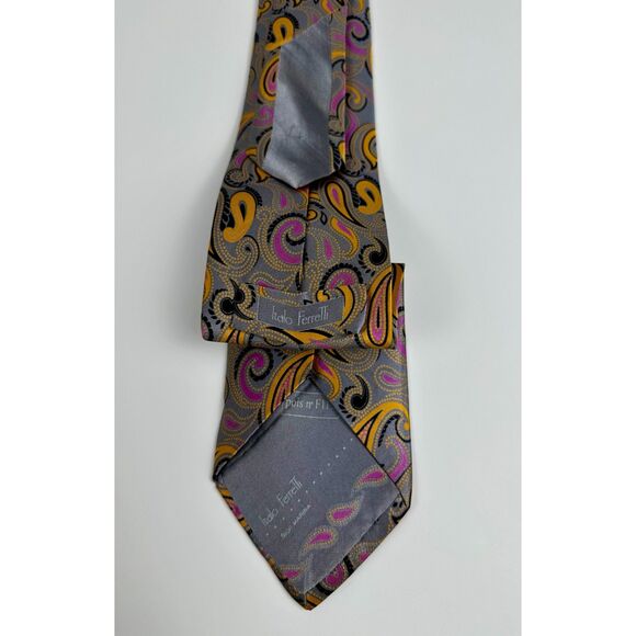 Italo Ferretti Silk Tie Paisley Pattern on Gray Background L-59 in W-3.5 in - Picture 3 of 6